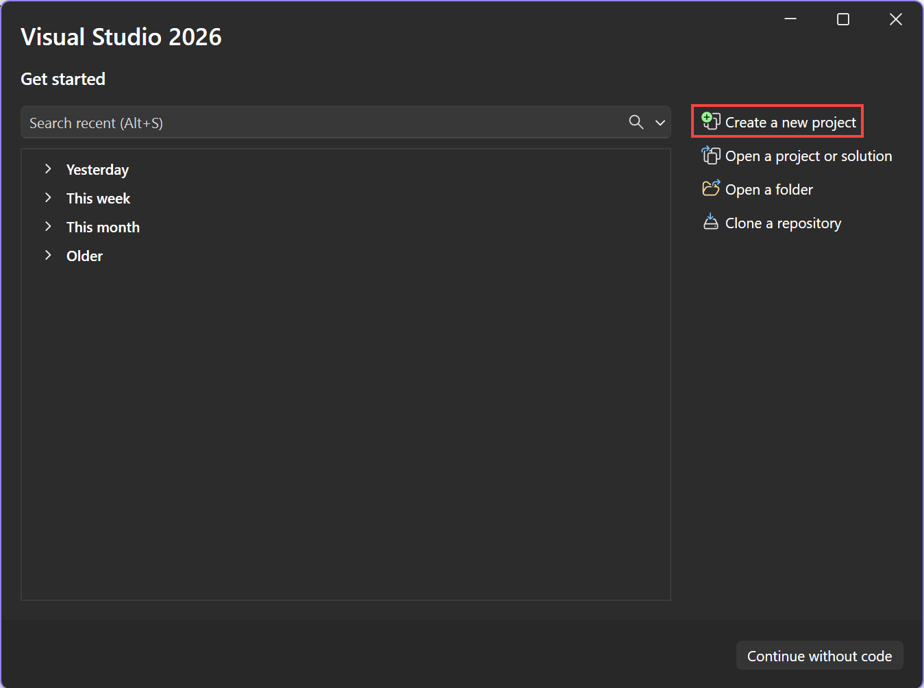 Visual Studio の [スタート] ウィンドウで [新しいプロジェクトの作成] オプションを選択する方法を示すスクリーンショット。
