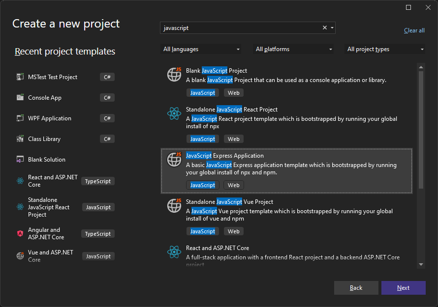 Visual Studio のスタート ウィンドウでのプロジェクト テンプレートの検索のスクリーンショット。