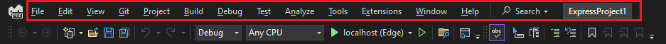 Visual Studio のメニュー バーのスクリーンショット。