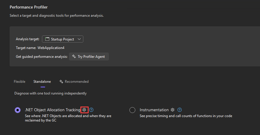 .NET オブジェクト割り当て追跡の設定ボタンを示すスクリーンショット。