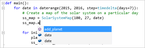 Visual Studio での Python コードのコード補完を示すスクリーンショット。
