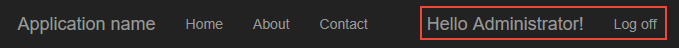 [Hello message and Log off]\(Hello メッセージとログオフ\) オプションを使用して認証されたユーザーの更新されたナビゲーション バーを示すスクリーンショット。