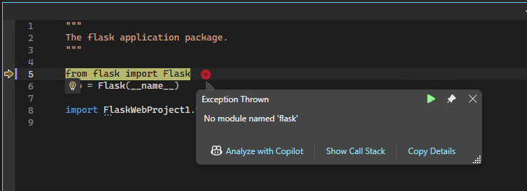 例外ポップアップ ダイアログを示す Visual Studio デバッガー for Python のスクリーンショット。