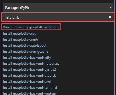 Visual Studio の [Python 環境] ウィンドウで、選択した環境の matplotlib ライブラリをインストールする方法を示すスクリーンショット。