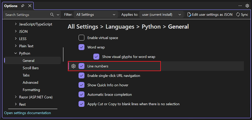 [Languages Python General Line numbers] オプションを使用してエディターで行番号を有効にする方法を示すスクリーンショット。