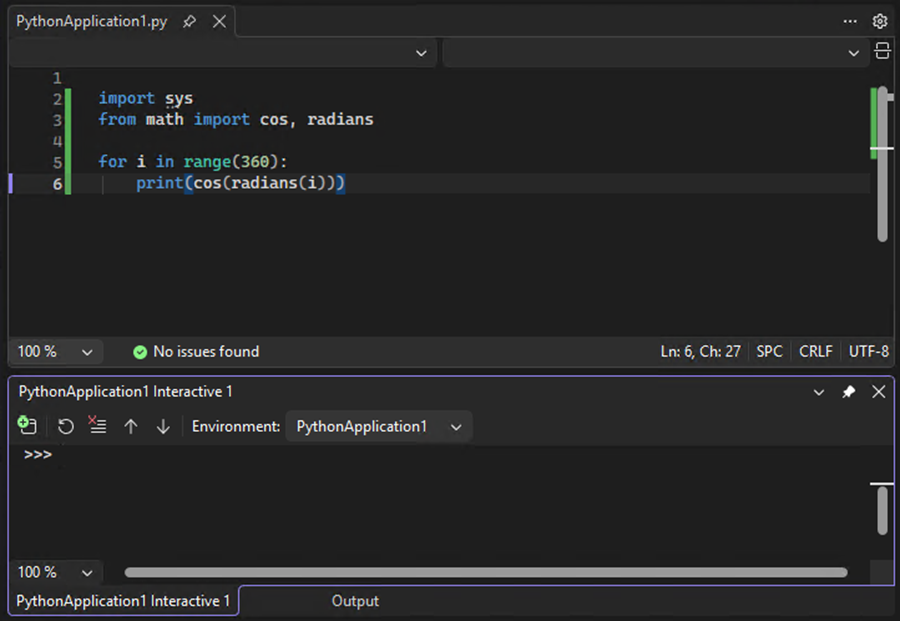 Visual Studio のコード エディターの下に開いている Python 用対話型ウィンドウを示すスクリーンショット。
