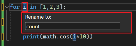 Visual Studio 2022 で識別子に別の名前を指定する方法を示すスクリーンショット。