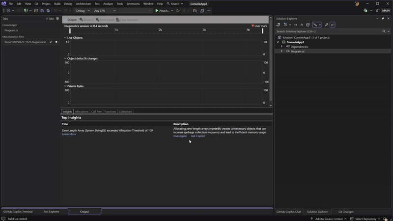 長さ 0 の配列分析情報を持つ .NET 割り当てツールと、詳細な分析と最適化の提案を提供するCopilotを示すビデオ デモ