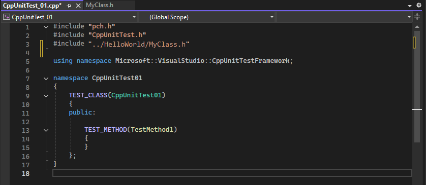 Visual Studio 2022 のTEST_CLASSマクロとTEST_METHOD マクロを使用したスタブ クラスとメソッドを示すスクリーンショット。