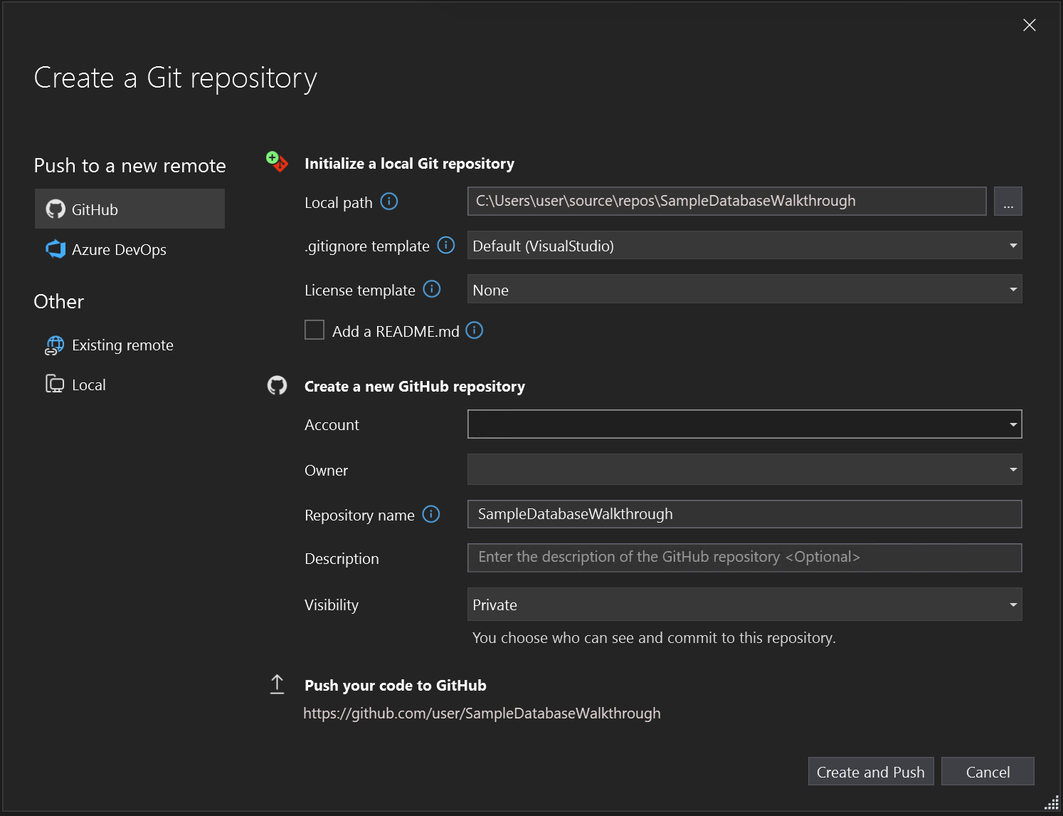 Visual Studio の [Git リポジトリの作成] ダイアログのスクリーンショット。GitHub の選択が強調表示されています。
