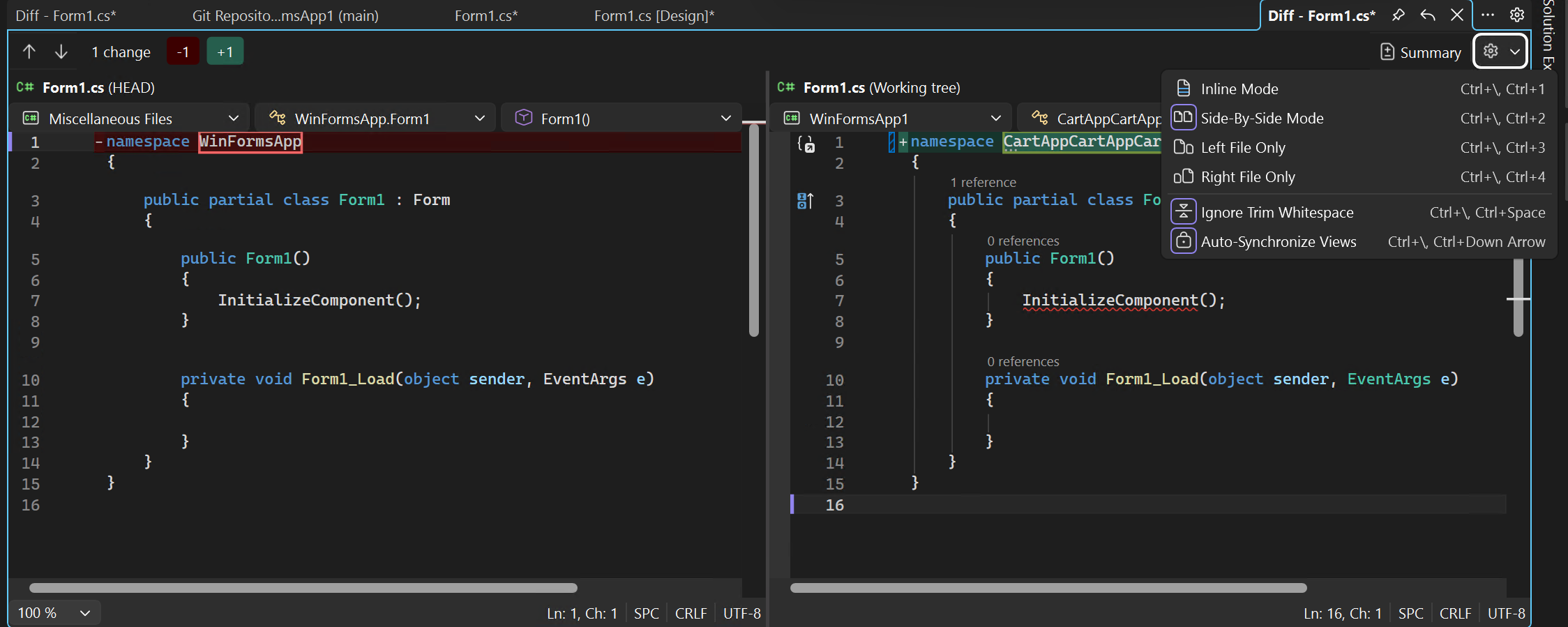 Visual Studio でのファイル バージョンの行ごとの比較を示すスクリーンショット。