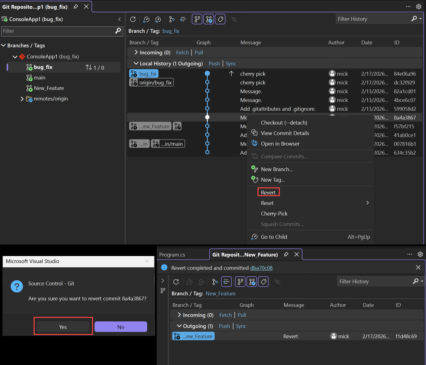 Visual Studio での元に戻すスクリーンショット。