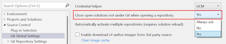 [オプション] ダイアログの [リポジトリを開くときに、Git の下にない開いているソリューションを閉じる] オプションのスクリーンショット。