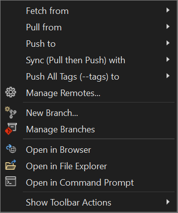 Visual Studio 2022 の [Git の変更] ウィンドウで省略記号ボタン コントロールを選択した後に表示されるコンテキスト メニュー。