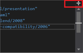 Visual Studio の XAML コード エディターの中央のウィンドウを示すスクリーンショット。ウィンドウの右上にある [分割] ボタンが強調表示されています。