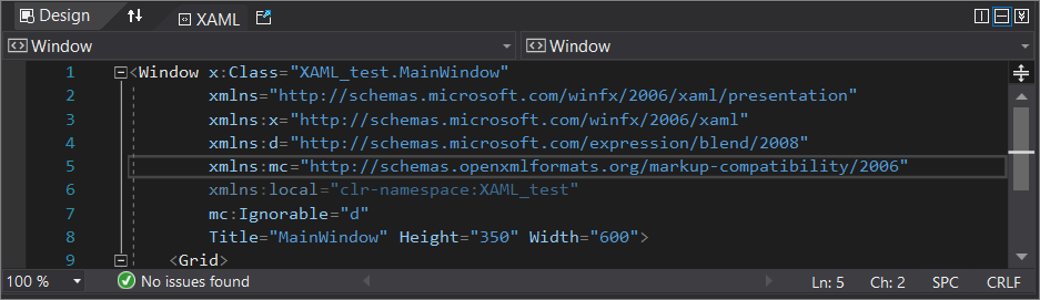 Visual Studio の XAML コード エディター ウィンドウのスクリーンショット。
