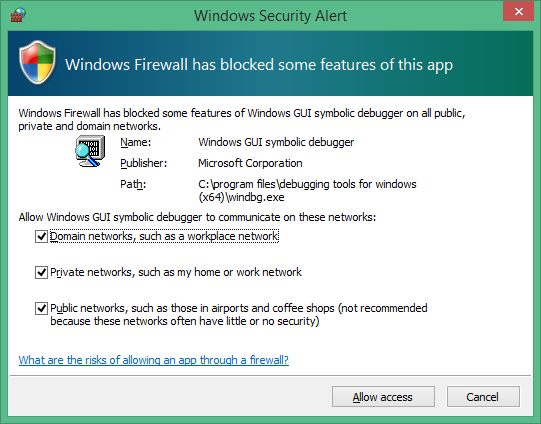 3 つのネットワークの種類すべてにアクセスを許可する選択が含まれた Windows セキュリティ アラートのスクリーンショット。