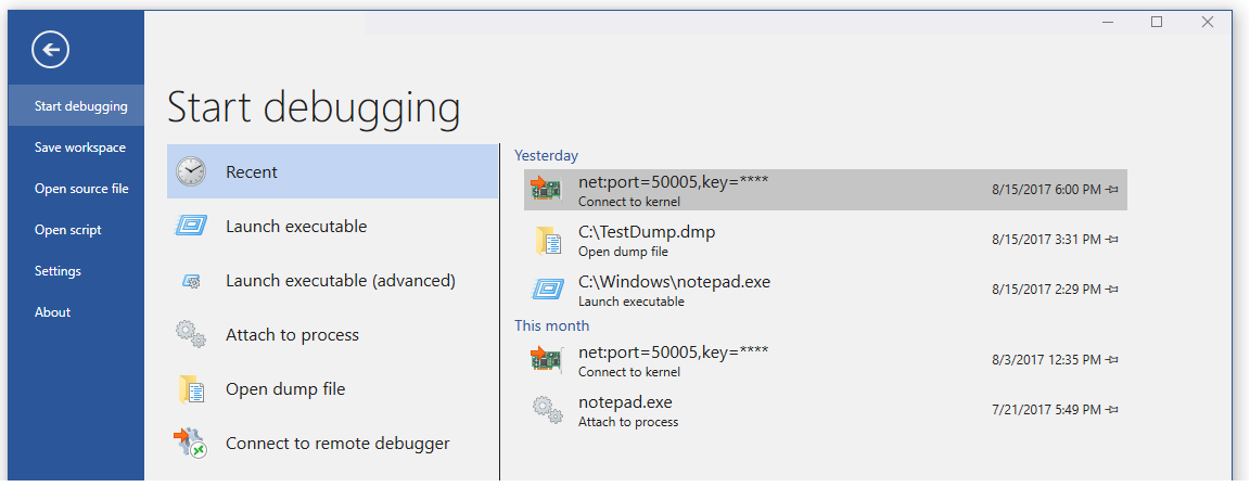 WinDbg のデバッグ開始画面のスクリーンショット。