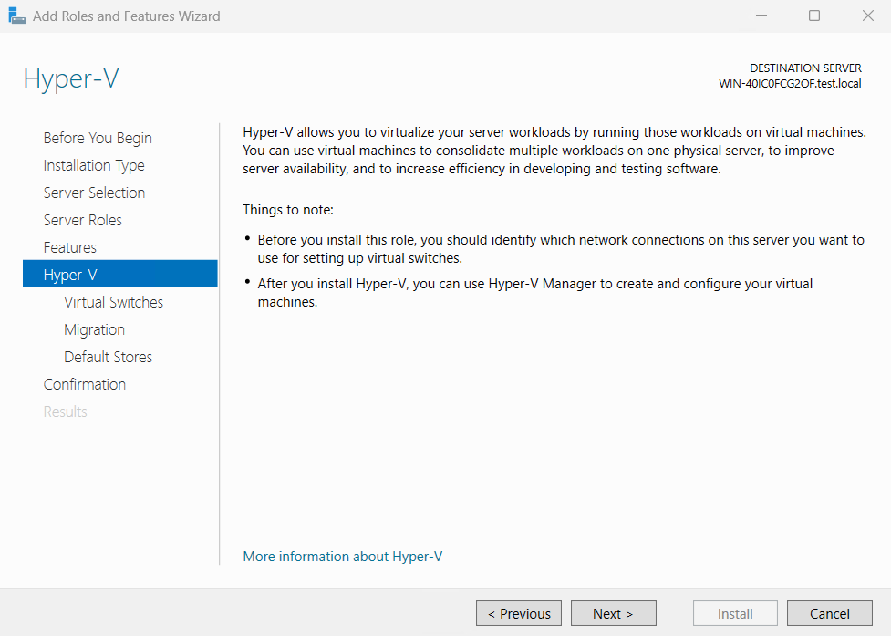 Hyper-V インストール設定のスクリーンショット。