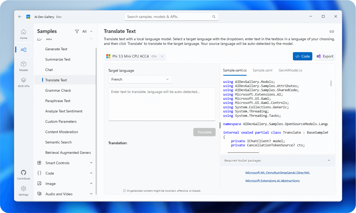 テキスト変換サンプルのソース コードを表示する AI Dev Gallery アプリのスクリーンショット