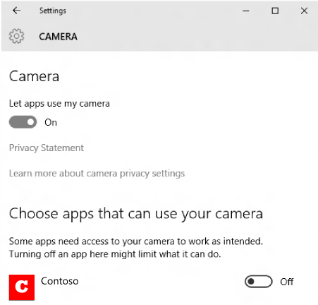Windows カメラのプライバシー設定のスクリーンショット。