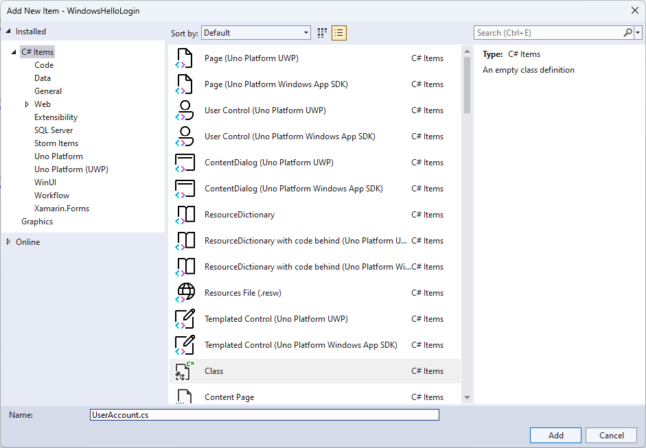 ユーザー承認のための新しいクラスの作成 Windows Helloのスクリーンショット