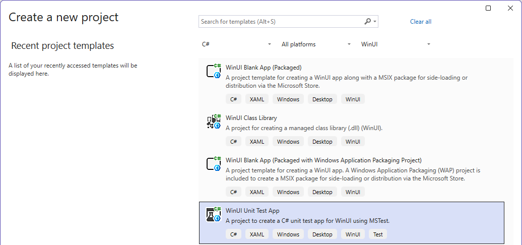 Visual Studio '新しいプロジェクトの作成' ウィンドウのスクリーンショット。
