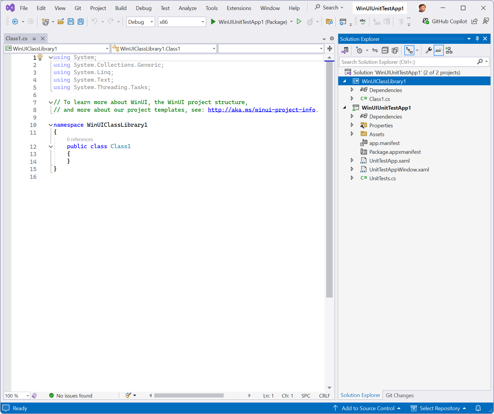 Solution Explorerで強調表示された新しい 'WinUI クラス ライブラリ' プロジェクトのスクリーンショット。コード エディターでClass1.cs ファイルが開きます。