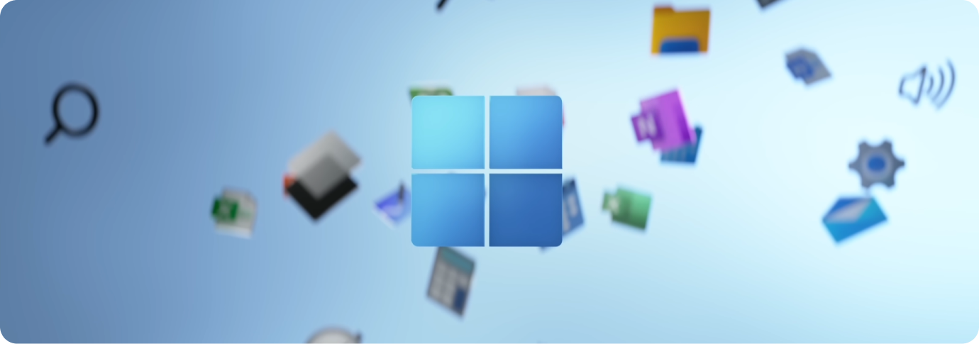 Windowsロゴとアプリ アイコンが背景に浮動します