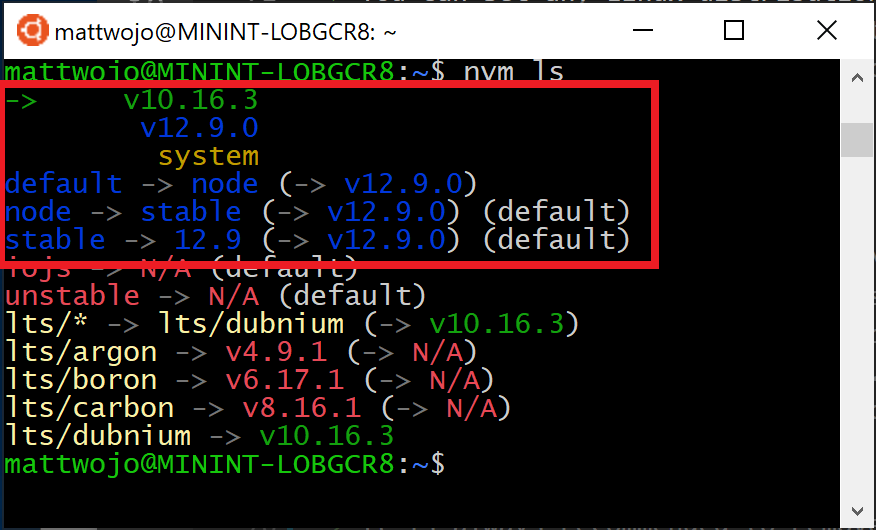 LTS と現在のノードのバージョンを示す NVM リスト