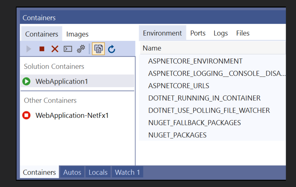 Visual Studio Docker メニュー