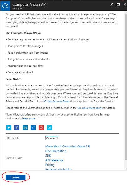computer vision api サービスの説明を示すスクリーンショット。