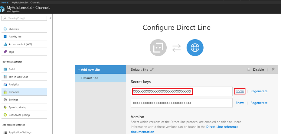 MyHoloLensBot Configure Direct Line チャネルで強調表示されている秘密キーのスクリーンショット。