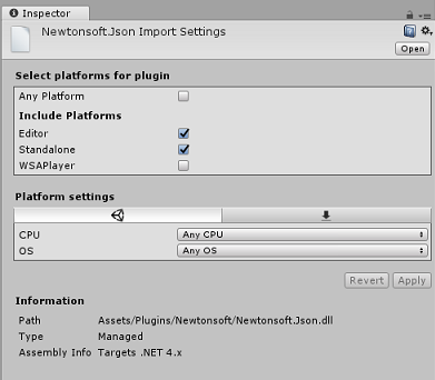 Newtonsoft プラグインの正しい選択を示すスクリーンショット。