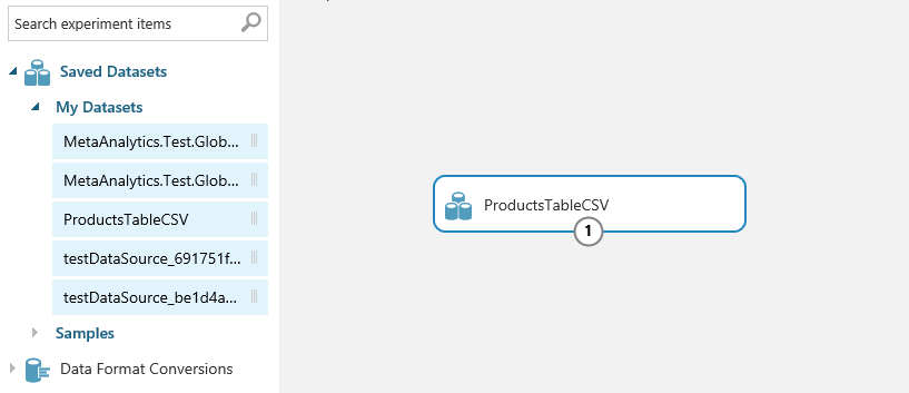 メニューに展開された [マイ データセット] フォルダーと実験キャンバスの [Products Table C S V] を示す [実験] ウィンドウのスクリーンショット。