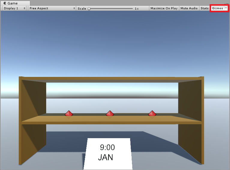 上部のナビゲーションで強調表示されている Gizmos メニュー項目を示す [シーンのUnity] ウィンドウのスクリーンショット。
