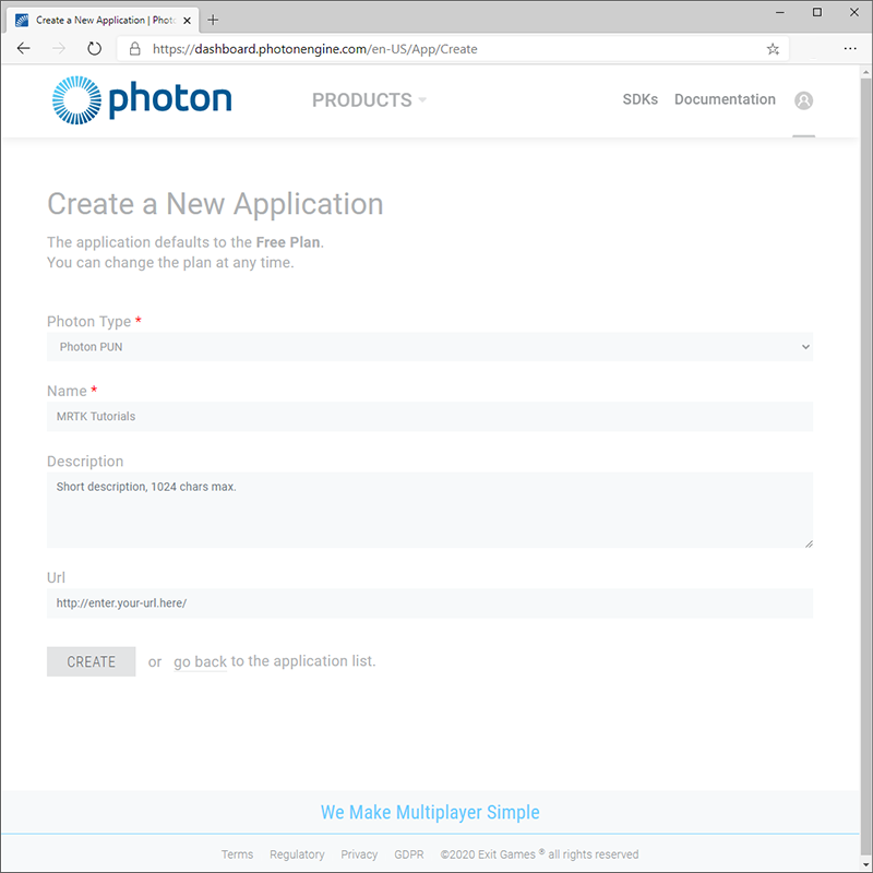 Photon アプリケーションの作成ページ