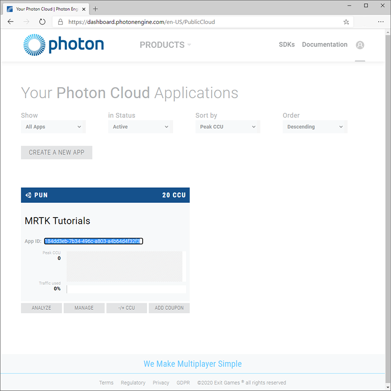 アプリ ID が選択された Photon アプリケーション ページ