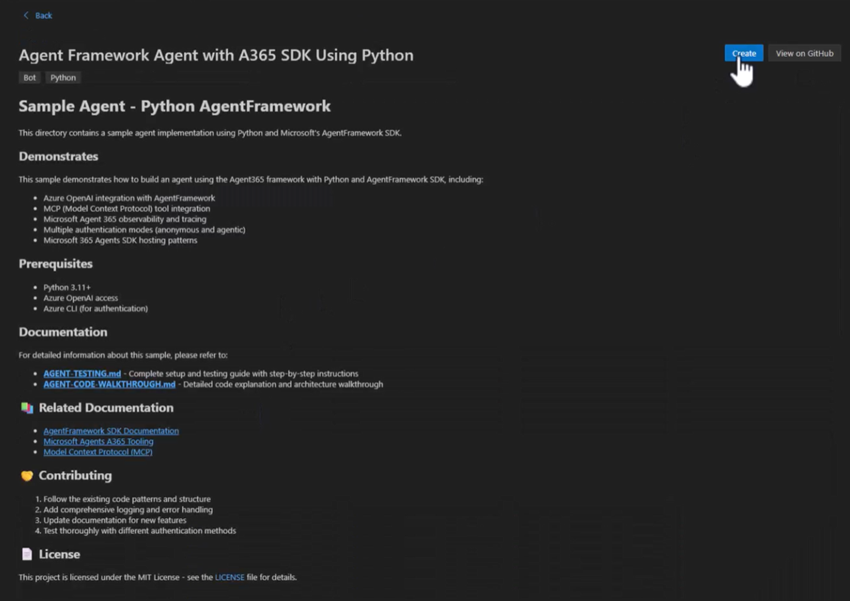 Skjermbilde av Agent Framework Agent med A365 SDK Ved hjelp av Python-eksempel.