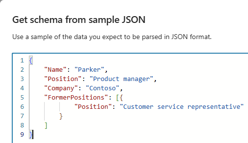 Skjermbilde som viser redigeringsprogrammet der du skriver inn eksempeldata for JSON.