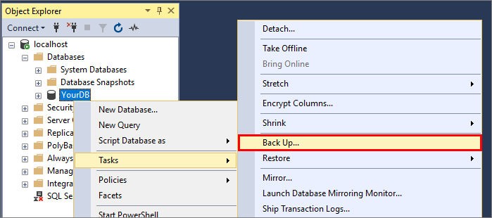 Schermopname van het gebruik van SSMS om een back-upbestand te maken.