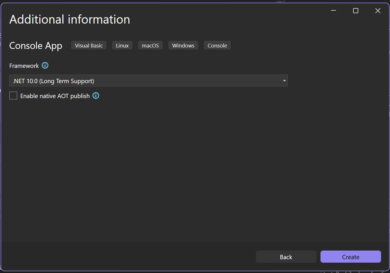 Schermopname van het venster Aanvullende informatie in Visual Studio met .NET 10.0 geselecteerd als het doelframework voor het nieuwe project.