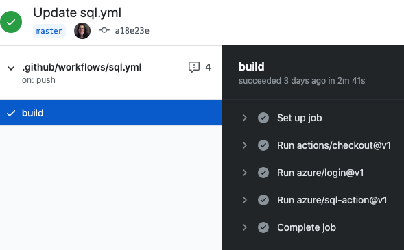 Log de execução das ações do GitHub