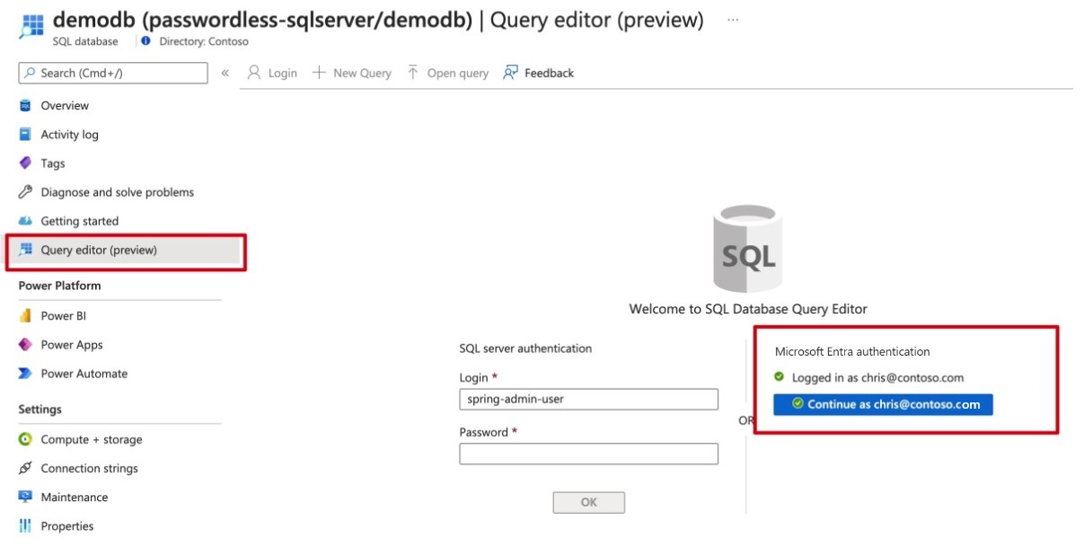 Captura de tela do portal do Azure mostrando o editor de consultas do Banco de Dados SQL.