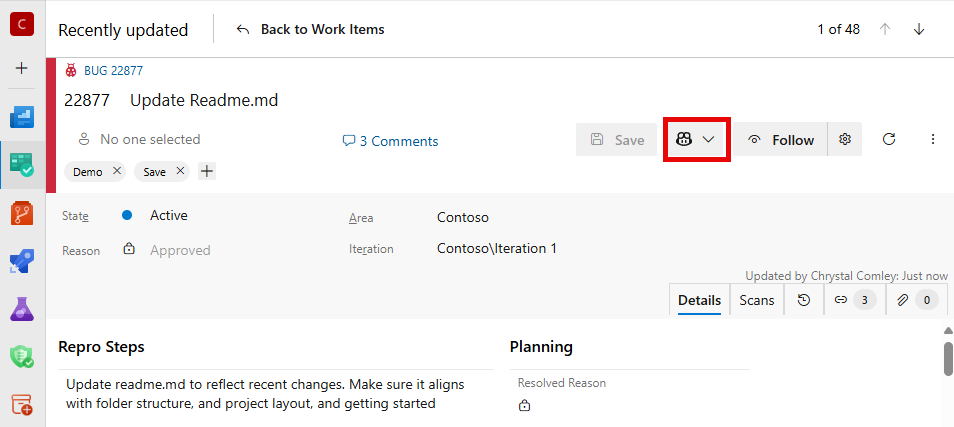 Screenshot mostrando o ícone de GitHub Copilot realçado no item de trabalho.