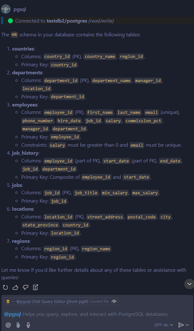 Captura de tela da resposta do Copilot Chat mostrando um detalhamento de tabelas e colunas no esquema de RH de um banco de dados PostgreSQL.