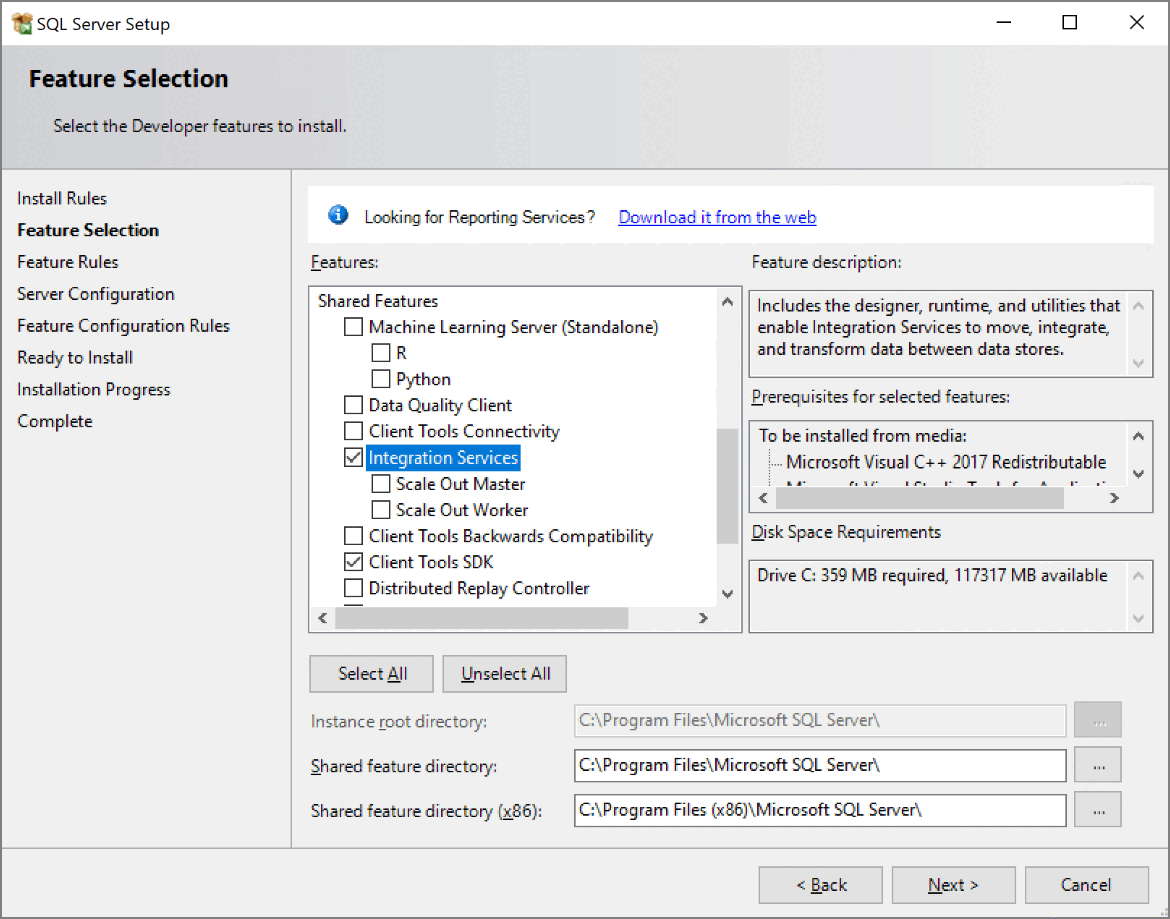 Captura de tela de Instalar a seleção de recursos dos Integration Services.