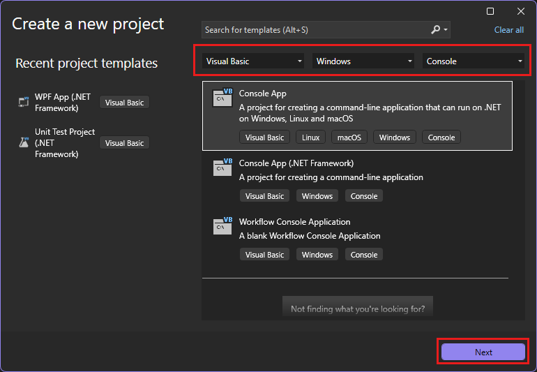 Screenshot da janela Criar um novo projeto com o aplicativo de console Visual Basic selecionado.