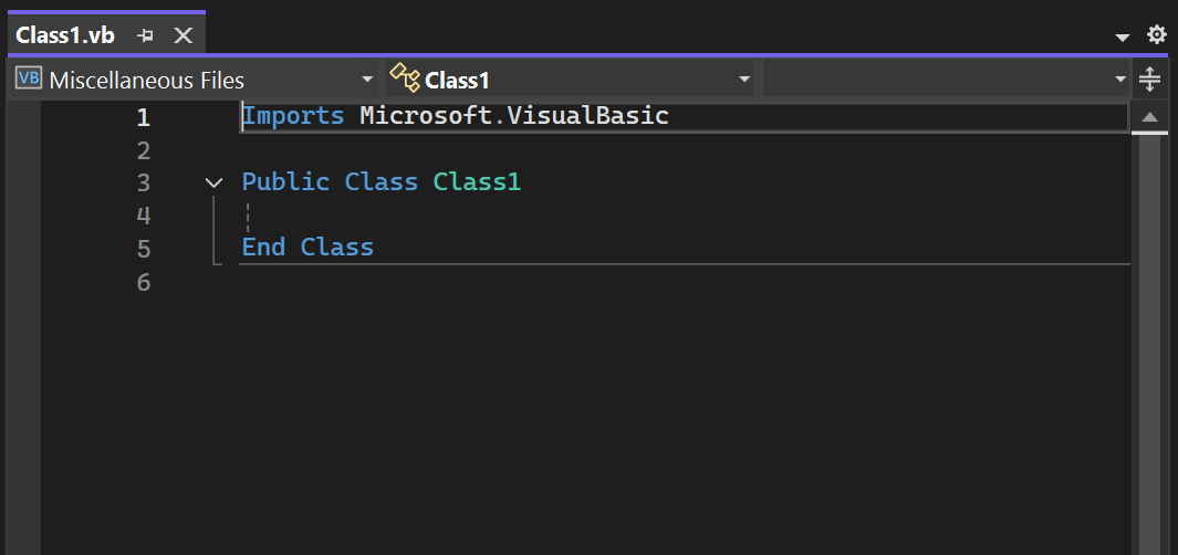 Screenshot de um novo arquivo de classe Visual Basic no editor de código de Visual Studio.