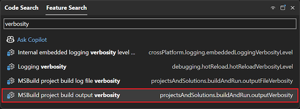 Captura de tela que mostra como usar a caixa Pesquisar no Visual Studio.